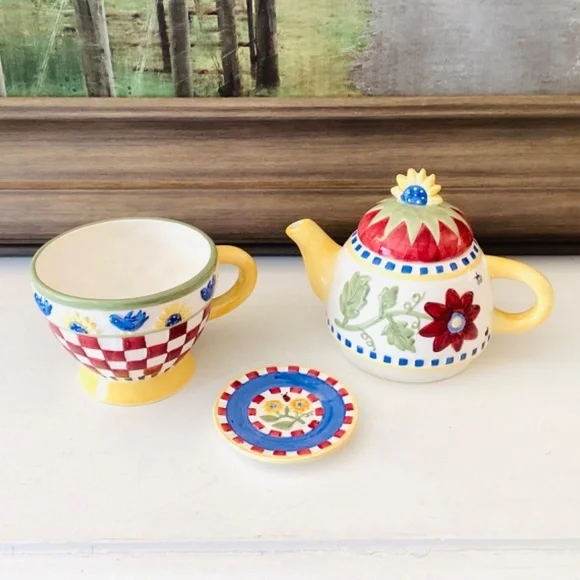 Vintage Hand Painted Tea-For-One 4 Ps Tea Pot Set County Cottage Floral Colorful